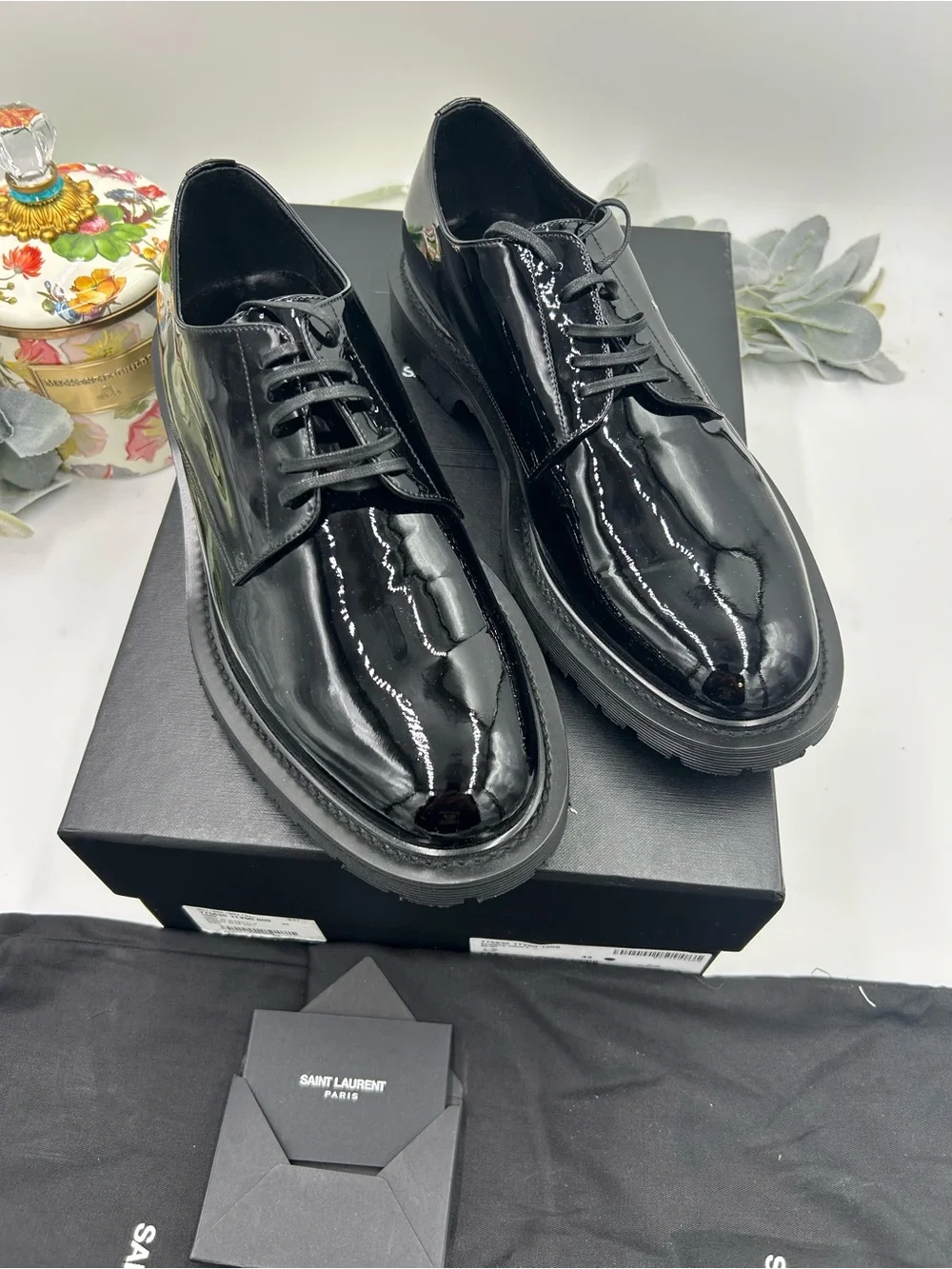 Men's Saint Laurent Black Patent Leather Derby Lace-Ups ridged sole size 43